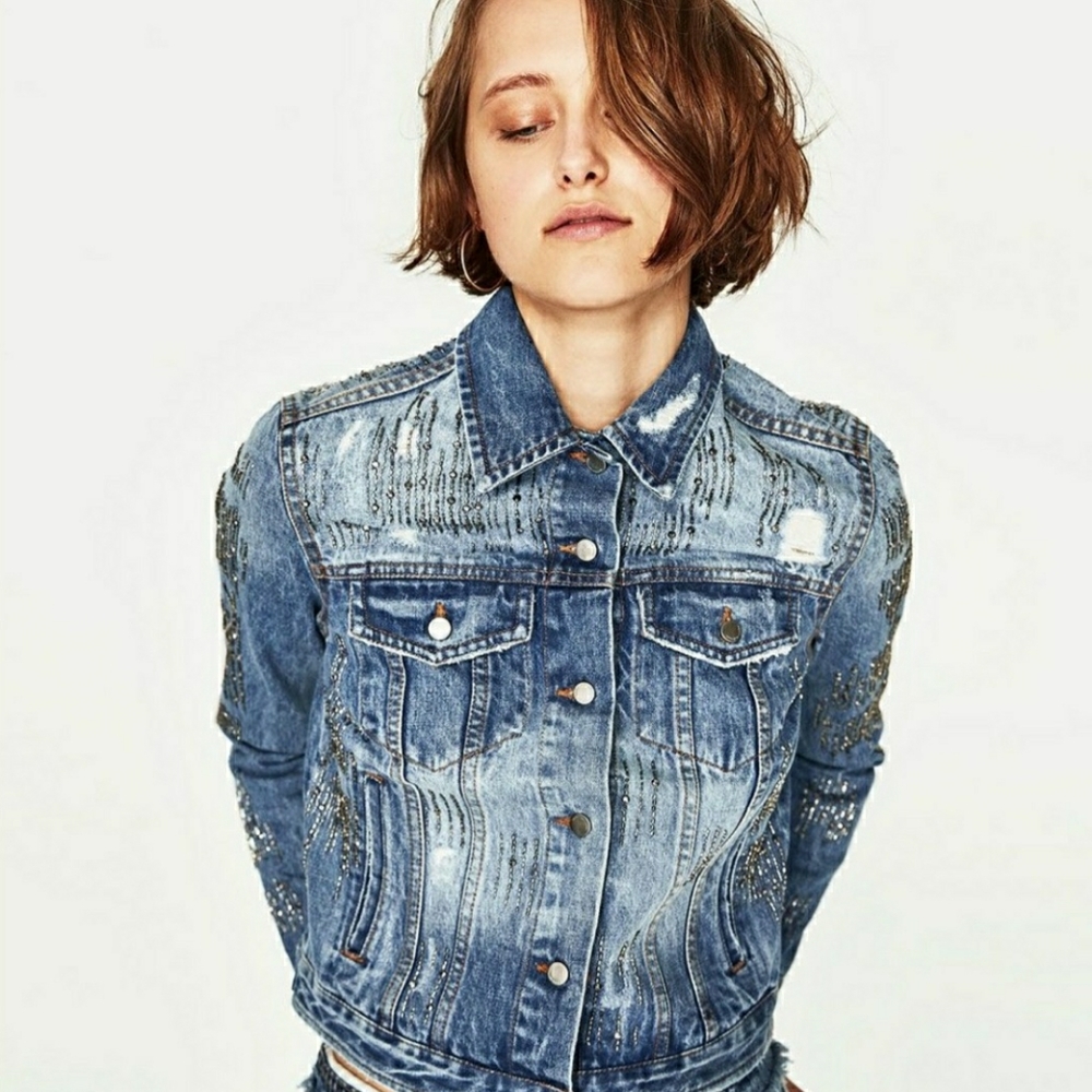 Zara Trafaluc Silver Beaded Denim Jacket